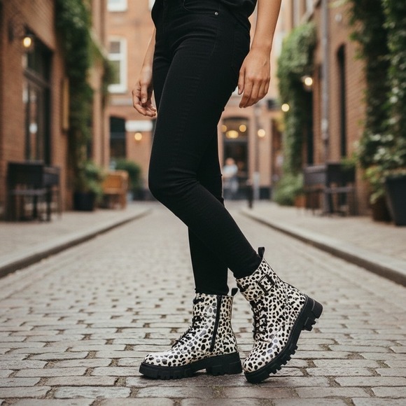 Levi Strauss Signature Shoes - Levis Womens Giselle- Leopard Print Combat Lace Up Boots Shoes‎ Black Cream NEW